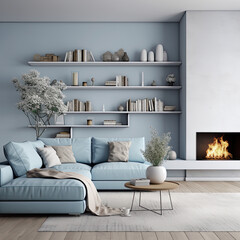 Pastel blue corner sofa against fireplace and wall with shelves. Scandinavian home interior design of modern living room. 