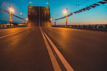 View of raised Palace Bridge from road at white night. Saint Petersburg. Russia - obrazy, fototapety, plakaty