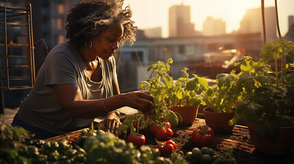 Digital photo of a senior woman enjoys growing vegetables in the garden on the roof of a skyscraper