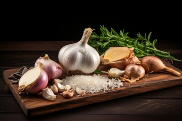 slate plate with fresh garlic and onion on a wooden tab, fresh garlic and onion on a wooden table, vegetable on a wooden table, onion on a wooden table, garlic on a wooden table