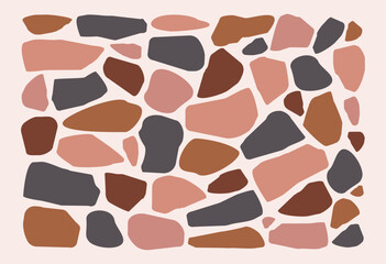 Vector illustration of colored spot stones in pink, blue and brown shades on a light gray-pink background. Abstract rectangular background for wallpaper, web design