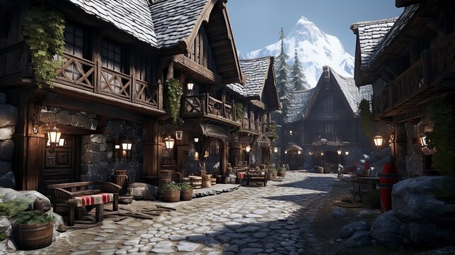 A winter village with snow-covered roofs and cozy lights ,Winter Landscape,Panaromic Image