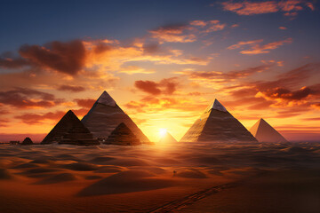 Two fictional Egyptian pyramids in the desert at sunset,