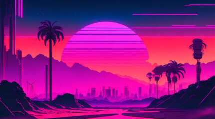 Retro futuristic synthwave retrowave styled night cityscape with sunset on background, city in synthwave style, buildings in synthwave style. 