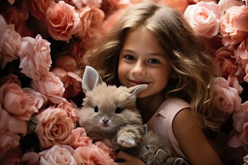 young girl with a joyful smile, cuddling a fluffy bunny, both nestled among a bed of soft pink roses