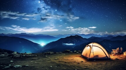 Fototapeta na wymiar Camping in wild northern mountains with an illuminated tent viewing a spectacular stars, Milky Way. Travel adventure landscape background