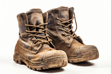 Dirty walking boots isolated on white background