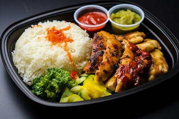 Indonesian food chicken rice vegetables dish