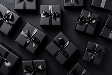 Black Christmas present boxes with black ribbon