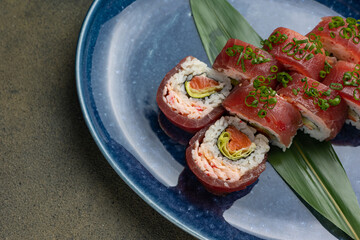 Japanese cuisine. Tuna avocado sushi hand rolls