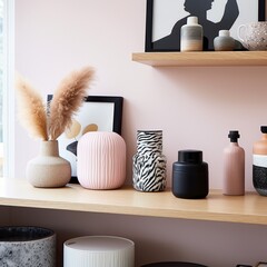Chic interior design showcasing a collection of vases and kitchenware on wooden shelves