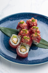 Japanese cuisine. Tuna avocado sushi hand rolls