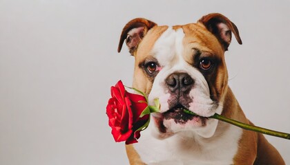  adorable close up of a Bulldog holding red rose in mouth isolate white background 