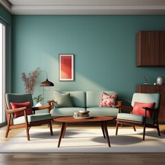 Stylish living room with teal walls, mid-century furniture, and decorative plants adding a cozy ambiance