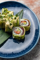 Japanese cuisine. Tuna avocado sushi hand rolls