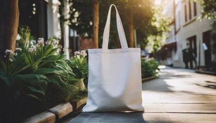 Blank canvas tote bag mockup in white eco friendly design with copy space