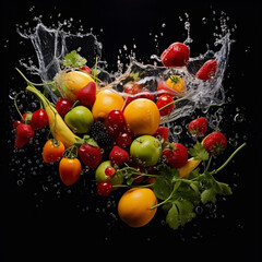 fruits in water splash on black background