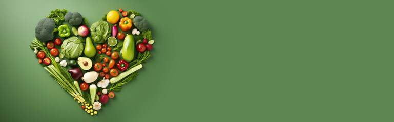 Banner. vegetables and fruits in the form of a heart. food for Valentine's Day. vegan food. The 14th of February.