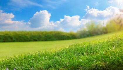 Blurred background of spring nature with a nicely trimmed lawn against a blue sky and clouds on a bright sunny day 