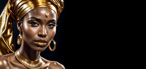 Vogue style close-up portrait of beautiful golden african woman. Generative AI.
