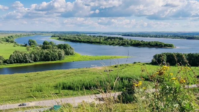 Picturesque view of the Kama River from the observation deck at the Yelabuga settlement. The movement of clouds over the river. Lower Kama National Park. Yelabuga, Republic of Tatarstan, Russia, 4K