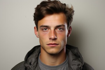 Fototapeta premium A determined man in a stylish jacket confidently looks directly at the camera. Passport photo European brunette man