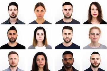 A gathering of individuals showcasing a range of different facial expressions, displaying emotions such as happiness, surprise, sadness, and anger.