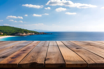 Island Horizon, Wooden Table by the Sea and Blue Sky