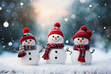 Three cute snowmen in a Christmas landscape, winter background