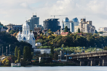 View of the big city on the hills over wide river. View at Paton bridge. Kyiv. Ukraine.