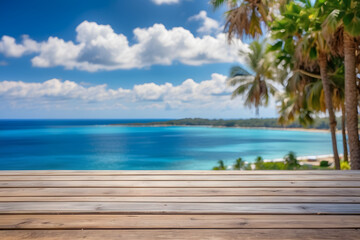 Seaside View, Wooden Table by the Blue Sea and Sky