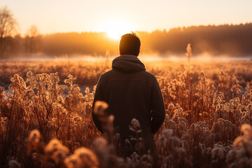 fresh and pure human with marsh at sunrise creates a magical atmosphere with its golden hues, interplay of light and shadow, and a feeling of awe and wonder as sun ascends over marshland - obrazy, fototapety, plakaty