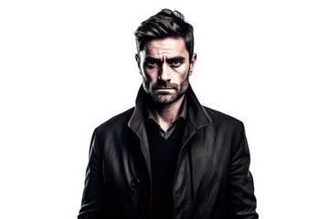 Fototapeta premium A professional portrait of a man with a neutral expression, wearing a dark suit, black shirt,