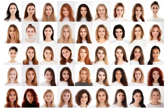 A diverse collection of women's portraits showcasing a variety of hairstyles and hair colors, arranged in a grid format, illustrating the diversity of female beauty.