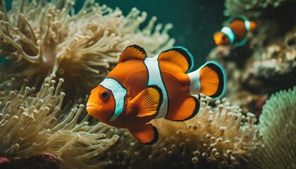 Close up of a brightly colored Clown fish swimming among the coral in aquarium tank 
