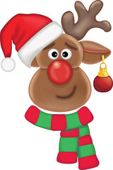 deer with a New Year's ball wearing a Santa Claus hat and scarf