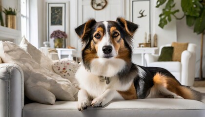 Close up of a friendly dog lounging in room with white furniture background 