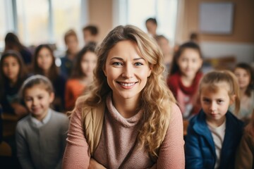 Obraz premium smiling and happy teacher posing in front of the camera at school