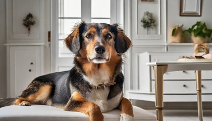 Close up of a friendly dog lounging in room with white furniture background 
