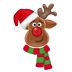 reindeer wearing Santa Claus Christmas hat and scarf
