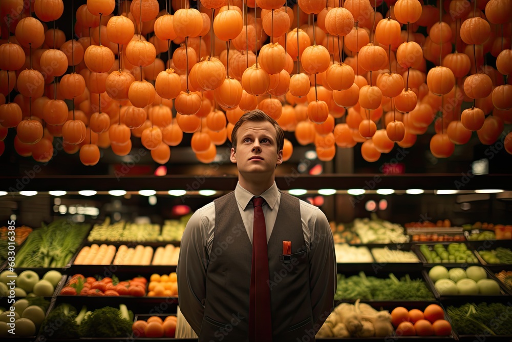 Poster a man stands in front of a vibrant display of oranges in a market, showcasing the fresh produce.