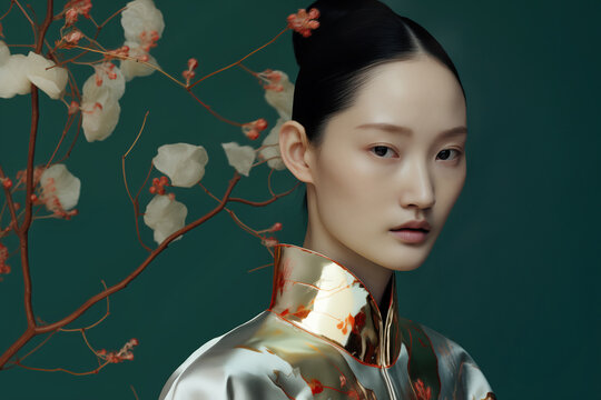 Generative AI image of an elegant asian fashion model with floral backdrop