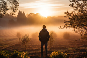 fresh and pure human with misty morning landscape at sunrise represents a peaceful and calm atmosphere, symbolizing introspection, awakening of nature, and potential for new beginnings