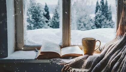Cozy winter scene. Coffee, open book, and plaid on vintage windowsill in cottage, snowy landscape with snowdrift outside