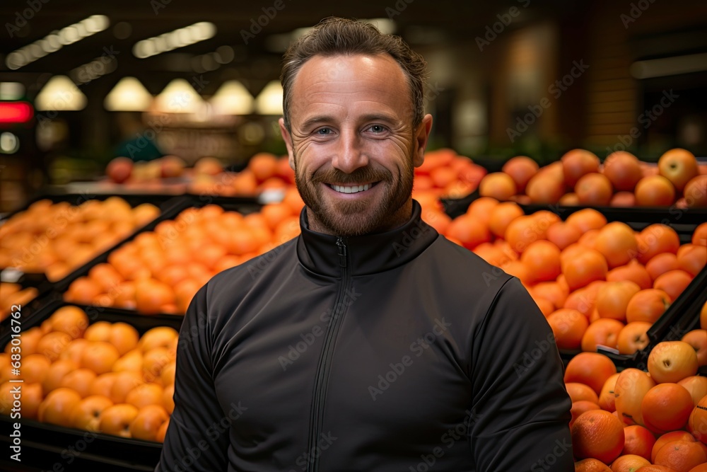 Poster a man stands in front of a colorful display of oranges in a market, observing the vibrant fruits.