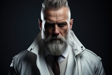 Obraz premium A man with a beard wearing a white jacket stands confidently in the photo.
