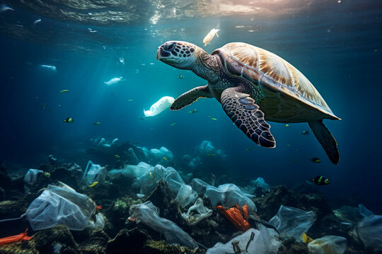 Sea turtle swims littered with plastic waste. Ocean pollution. Generative AI.