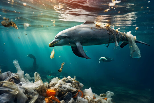 Dolphin swimming around ocean trash. Generative AI.