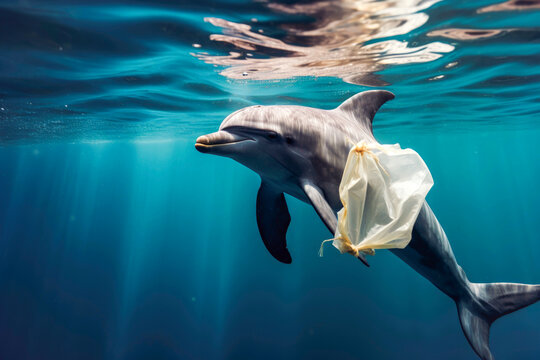 Dolphin with a plastic bag, a distressing illustration of the ongoing struggle against ocean pollution. Generative AI.