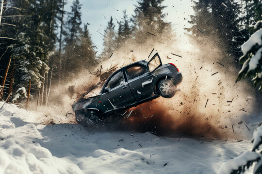 A dramatic car crash in a snowy forest with debris flying. Generative AI
